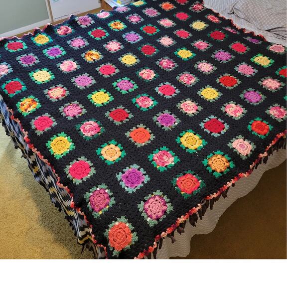 Granny Square Crochet Afghan Flower Rose Colorful Throw Black Multicolor 56X 64 - Picture 5 of 5